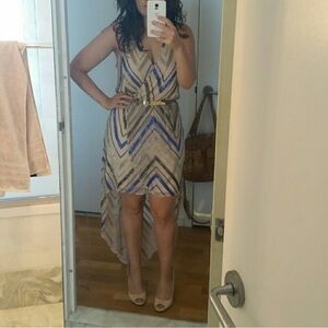 Parker High Low Beaded Dress with Blue and Gold Chevron